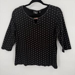 Onque Casual Womens Medium Black White Polka Dot Top 3/4 Sleeve Keyhole Neck